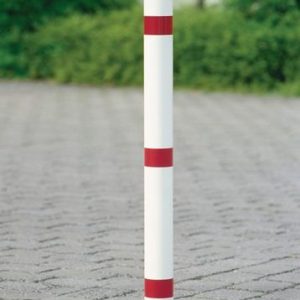 Sperrpfosten STA rot-weiß D.76mm Mit Dreikantschloss u.Bodenhülse m.Spitzkappe